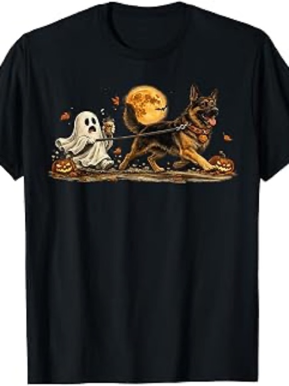 Gildan Black Tee with Halloween German Shepherd and Ghost Graphic, Gift For Her